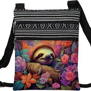 Small Floral Sloth Crossbody Bag Ethnic Pattern Adjustable Strap Women